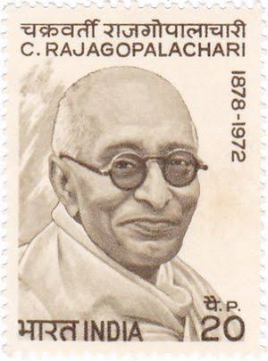 Indian commemorative postage stamp of twenty paise showing a portrait of C. Rajagopalachari with the dates 1878 to 1972.